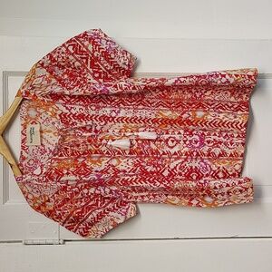 Savanna Jane Blouse Size Large Embroidered Short Sleeve Orange Red Front Tie